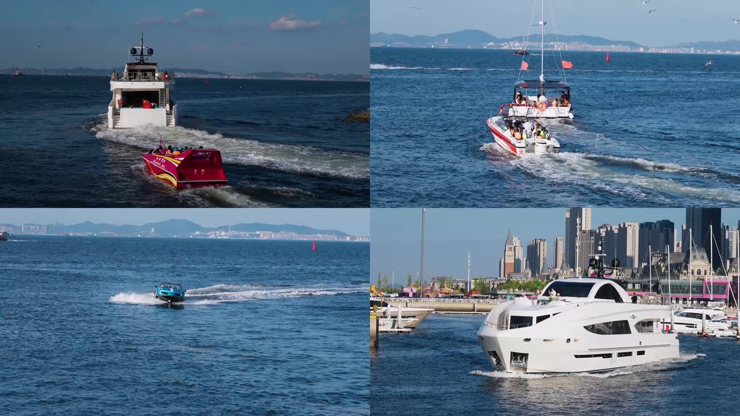 4K大连东港游艇大海游客素材